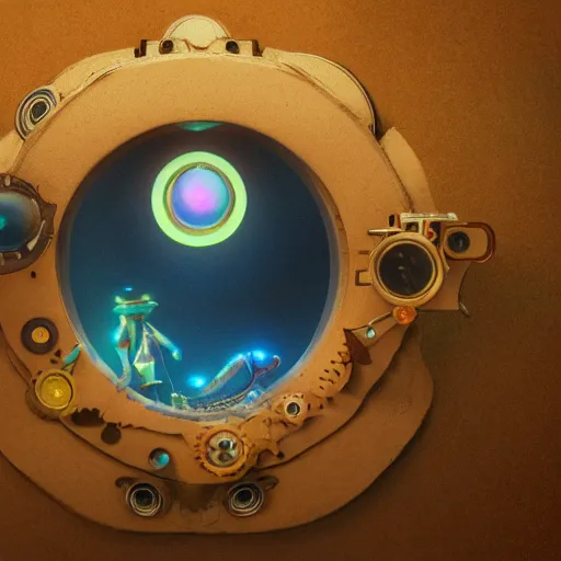 Image similar to cardboard pinhole camera, steampunk, extreme closeup, center frame, symmetric, rim light, bioluminescence, electric, soft, concept art, intricate details, highly detailed, colorful, photorealistic, disney pixar, octane render, iridescent, anime, 8 k