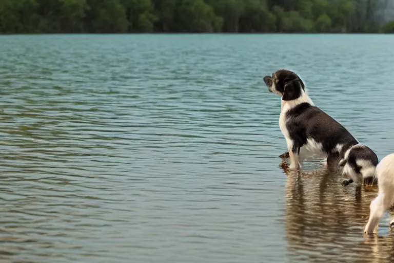 Image similar to a puppy is looking directly at the water below them while they stand at an edge