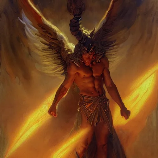 Image similar to attractive male lucifer morning star casting a spell summoning male demons, they rise from down bellow. highly detailed painting by gaston bussiere, craig mullins, j. c. leyendecker, 8 k