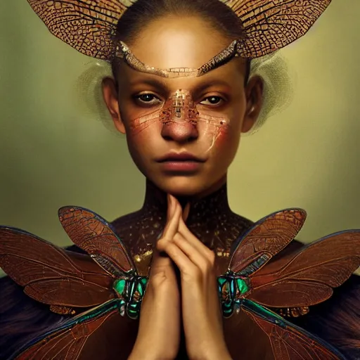 Image similar to brown woman wearing a shiny dragonfly armor. iridiscent. super detailed. layered. textured. award winning. dispersion of light. refracted lighting. soft. fragile. by ray caesar. by louise dahl - wolfe. by andrea kowch. by tom bagshaw. surreal photoraphy