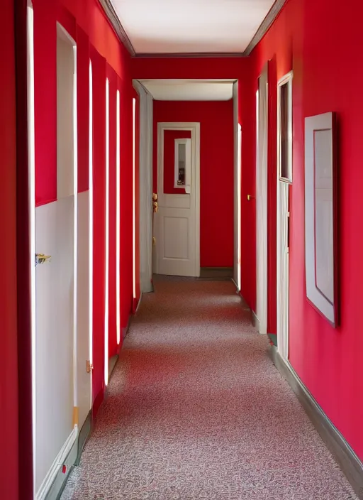 Prompt: a photograph of a hallway designed by Billy Baldwin, red color palette, 35mm, pentax, studio lighting