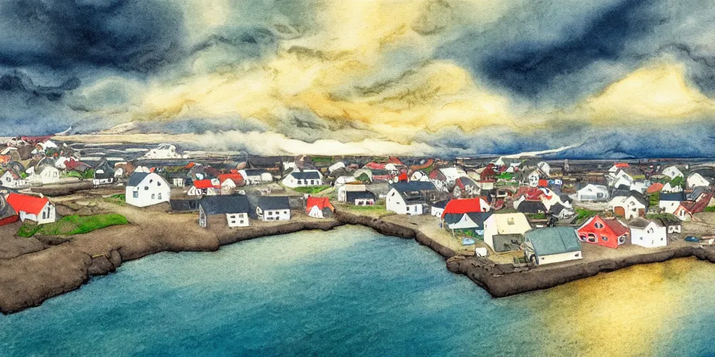 Image similar to a beautiful painting of a icelandic fishing village, storm clouds gathering over the town, by studio ghibli 8 k pastel colours, isometric drone shot smeared watercolours, golden light film grain