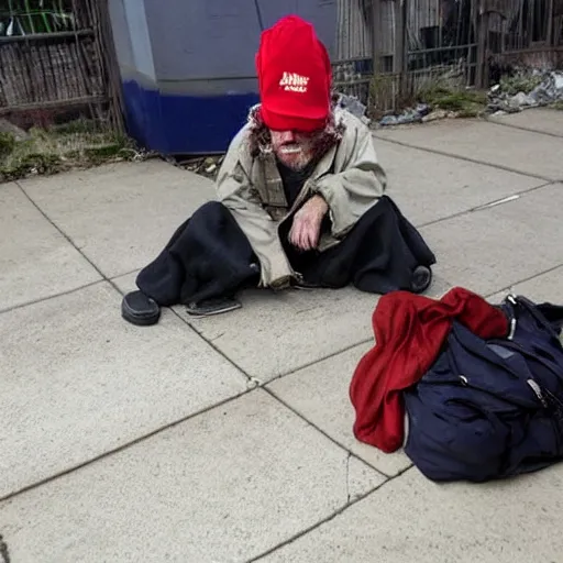 Image similar to donald trump dressed as a homeless man living in the slums