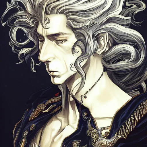 Prompt: portrait of a king, baroque style, elegant, beautiful, mesmerizing, concept art, fancy clothing, highly detailed, artstation, behance, deviantart, inspired by innocent manga, inspired by castlevania concept art, trending, ayami kojima, shinichi sakamoto