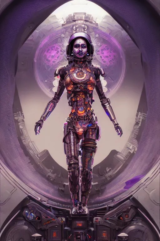 Image similar to ultra detailed, female android, scifi, fantasy, octane render, ( dia de los muertos, triadic color scheme, asymmetrical, intricate detailed, global illumination, concept art, art by godmachine and michael welan and rossdraws and artgerm and greg rutkowski and alphonse mucha and loish and wlop. 8 k, hdr