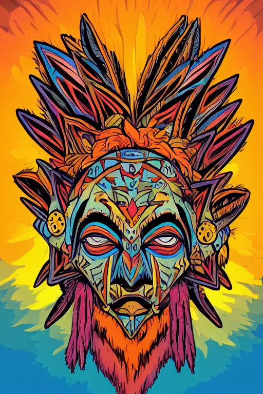 Image similar to animal mask totem roots flower tribal feather gemstone plant wood rock shaman vodoo video game vector cutout illustration vivid multicolor borderlands comics by josan gonzales and dan mumford radiating a glowing aura