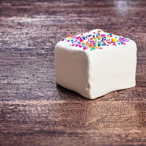 Image similar to photograph of a delicious marshmallow cube with sprinkles on a dark wooden chopping board, pastel colours, hessian cloth, styled food photography, photorealistic, 4 k, canon 1 d, bohek