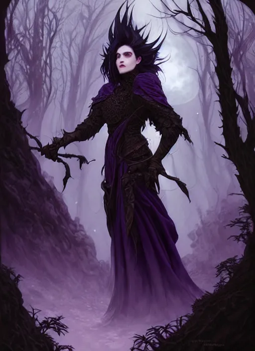 Image similar to front full detailed portrait dark witch, adventurer outfit large cloak, fantasy forest landscape, big moon, dragon scales, fantasy magic, undercut hairstyle, short purple black fade hair, dark light night, intricate, elegant, sharp focus, illustration, highly detailed, digital painting, concept art, matte, art by wlop and artgerm and greg rutkowski and alphonse mucha, masterpiece