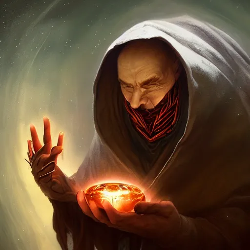 Image similar to creator of worlds wearing a cloak, masked, and holding a holographic planet projection in his hand, detailed, sci - fi, digital painting, artstation, sharp focus, illustration, ominous, artgerm, tomasz alen kopera, peter mohrbacher, donato giancola, joseph christian leyendecker, wlop, frank frazetta