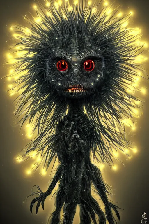 Image similar to a humanoid figure dandelion monster with large glowing eyes, highly detailed, digital art, sharp focus, trending on art station, artichoke, ambient lighting, anime art style