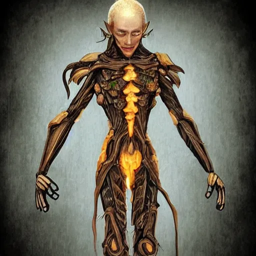 Prompt: exoskeleton made of wood, worn by super strong elf wizard, digital art, very detailed, trending on deviantart