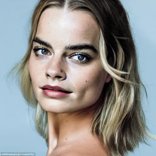 Image similar to a woman who is a genetic combination of margot robbie and emma watson face and upper - body focus