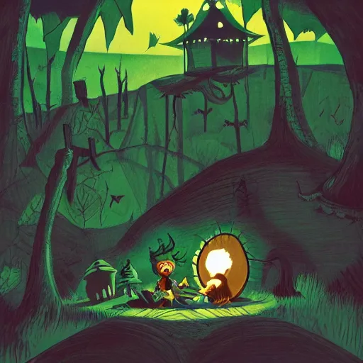 Image similar to a tent by the river in the deep, remote woods by jamie hewlett, from nightmare before christmas | detailed | elegant | trending on artstation