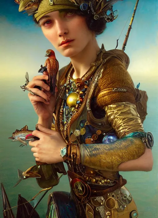 Image similar to hyper realistic fisherman, birds eye view, magical, gems, jewels, gold, steampunk, cyberpunk utopia, painted by tom bagshaw, mucha, gaston bussiere, craig mullins, j. c. leyendecker 8 k