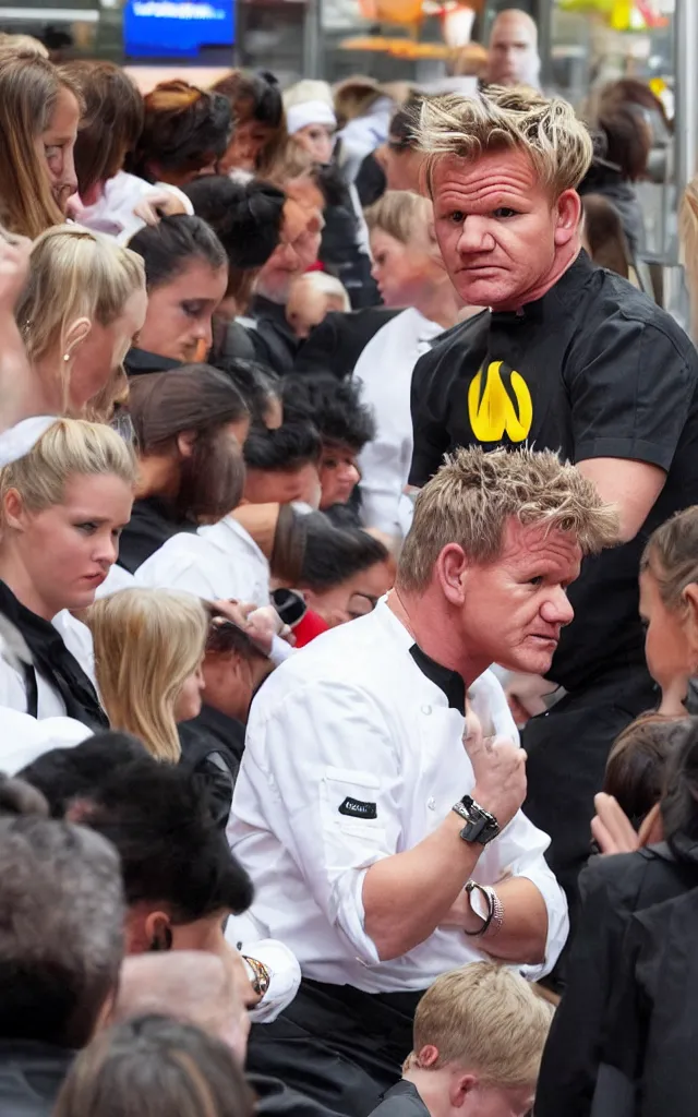 Prompt: gordon ramsay waiting in line at mcdonalds, high detailed sharp photo