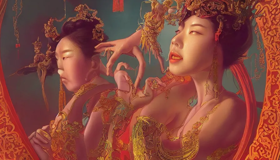 Image similar to mythology, neon, Female Ancient China Dance, queen, academic Reference Pictures artstation, fibonacci, sweat drops, insane, pinup, intricate, highly detailed, digital painting, artstation, concept art, smooth, sharp focus, illustration, Unreal Engine 5, 8K, art by artgerm and greg rutkowski and alphonse mucha