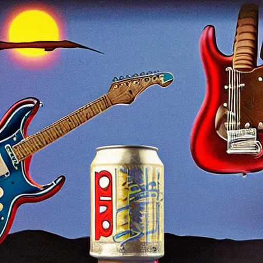 Prompt: a detailed, realistic, idle, regular sized electric guitar next to a detailed, realistic, idle, regular sized beer can on the moon. detailed photo. realistic photo. art deco style