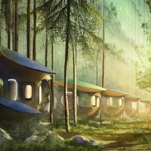 Image similar to beautiful happy picturesque charming organic futuristic sci - fi town of pod homes integrated in a forest area. water and trees. beautiful light. grainy and rough. soft colour scheme. beautiful artistic detailed watercolor by lurid. ( 2 0 2 2 )