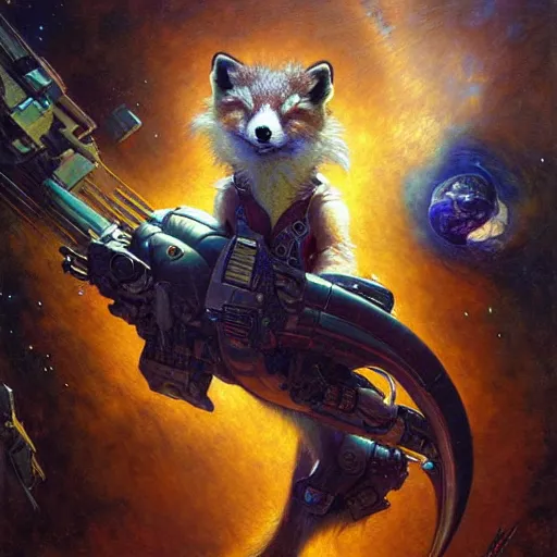 Image similar to portrait of a space fox. futuristic spaceship. shadowrun furaffiniy cyberpunk fantasy highly detailed painting by gaston bussiere craig mullins jc leyendecker gustav klimt artgerm greg rutkowski john berkey, bergey, craig mullins, ruan jia, raymond swanland, jeremy mann, tom lovell, alex malveda