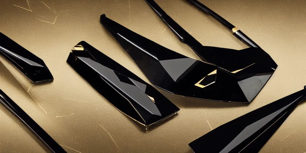 Prompt: sleek paracausal interstellar weaponry in gleaming obsidian black and scintillating 24K gold designed by HP