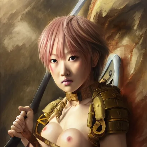 Image similar to Yuno Gasai staring into the camera holding an axe, professional modeling, looking down on the camera, detailed, centered, digital painting, artstation, concept art, donato giancola, Joseph Christian Leyendecker, WLOP, Boris Vallejo, Breathtaking, 8k resolution, extremely detailed, beautiful, establishing shot, artistic, hyperrealistic, beautiful face, octane render, cinematic lighting, dramatic lighting, masterpiece