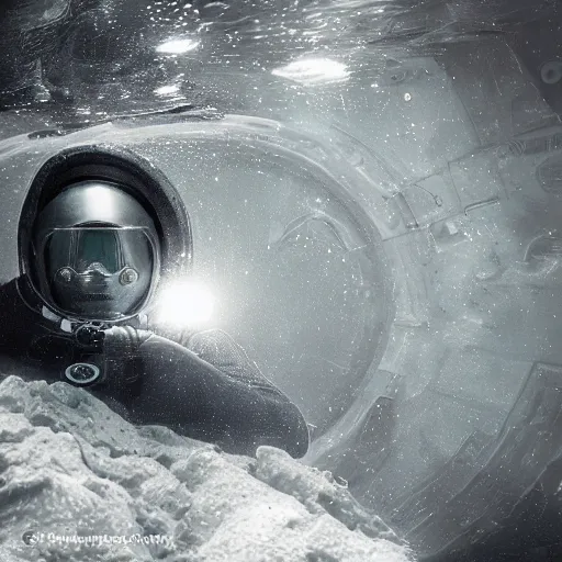 Image similar to concept art diver astronaut in underwater futuristic dark and empty spaceship. infrared complex and hyperdetailed technical suit design. meka helmet. reflection and dispersion materials rays and dispersion of light breaking through the deep water. 3 5 mm, f / 3 2. noise film photo. flash photography. trend artstation