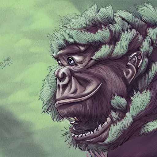 Image similar to A ape plant monster, highly detailed, digital art, sharp focus, trending on art station, artichoke, thistle, anime art style