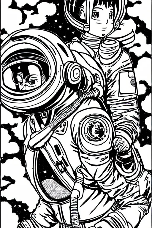 Prompt: manga portrait of a woman wearing a astronaut suit, akira toriyama, lineart, black and white, scifi, big clouds visible in the background, stars in the sky, high contrast, deep black tones