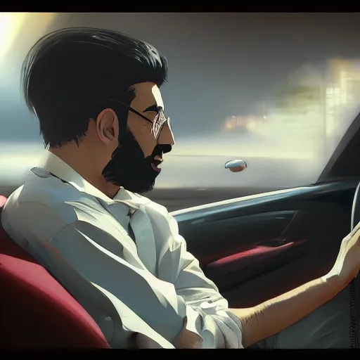 Image similar to saudi arab man smoking inside a car, highly detailed, elegant, sharp focus, anime, digital art, in the style of greg rutkowski and craig mullins 4 k