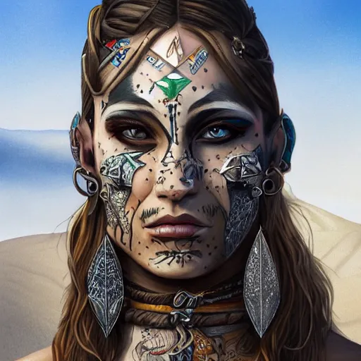 Image similar to a detailed portrait of desert warrior with face tattoos, fantasy art illustration, incredibly highly detailed and realistic, 8 k, sharp focus