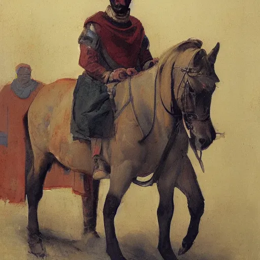 Image similar to portrait of man waring chinmail and gambeson, holding lance and sitting on horse wearing caparisons, medieval by greg manchess, bernie fuchs, walter everett, lost edges