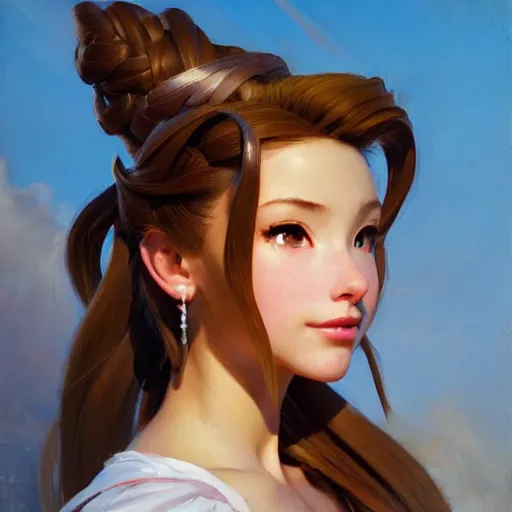 Image similar to Greg Manchess portrait painting o Aerith Gainsborough as Overwatch character, medium shot, asymmetrical, profile picture, Organic Painting, sunny day, Matte Painting, bold shapes, hard edges, street art, trending on artstation, by Huang Guangjian and Gil Elvgren and Sachin Teng