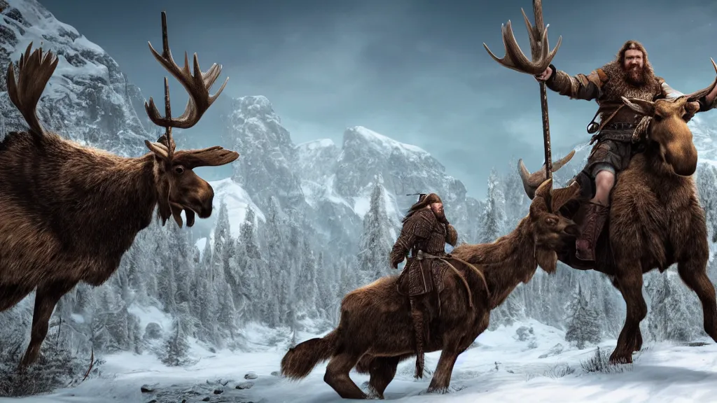 Image similar to a viking riding a moose, fantasy artwork, nordic scenery, snowy green mountain, hd, hdr, ue 5, ue 6, unreal engine 5, cinematic 4 k wallpaper, 8 k, ultra detailed, high resolution, artstation, award winning