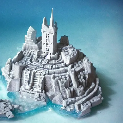 Prompt: on an island made out of ice with a city on it is very detailed and cute city
