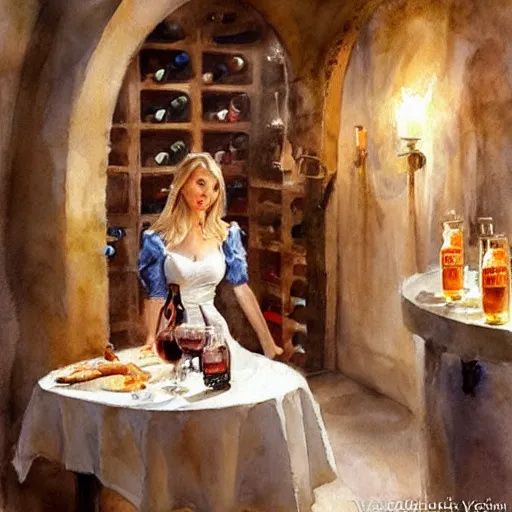 Image similar to beautiful blonde in hot dress in a wine cellar, food, pork, beer, schnapps, rustic, traditional, torches on the wall, watercolor by vladimir volegov, highly detailed, masterpiece