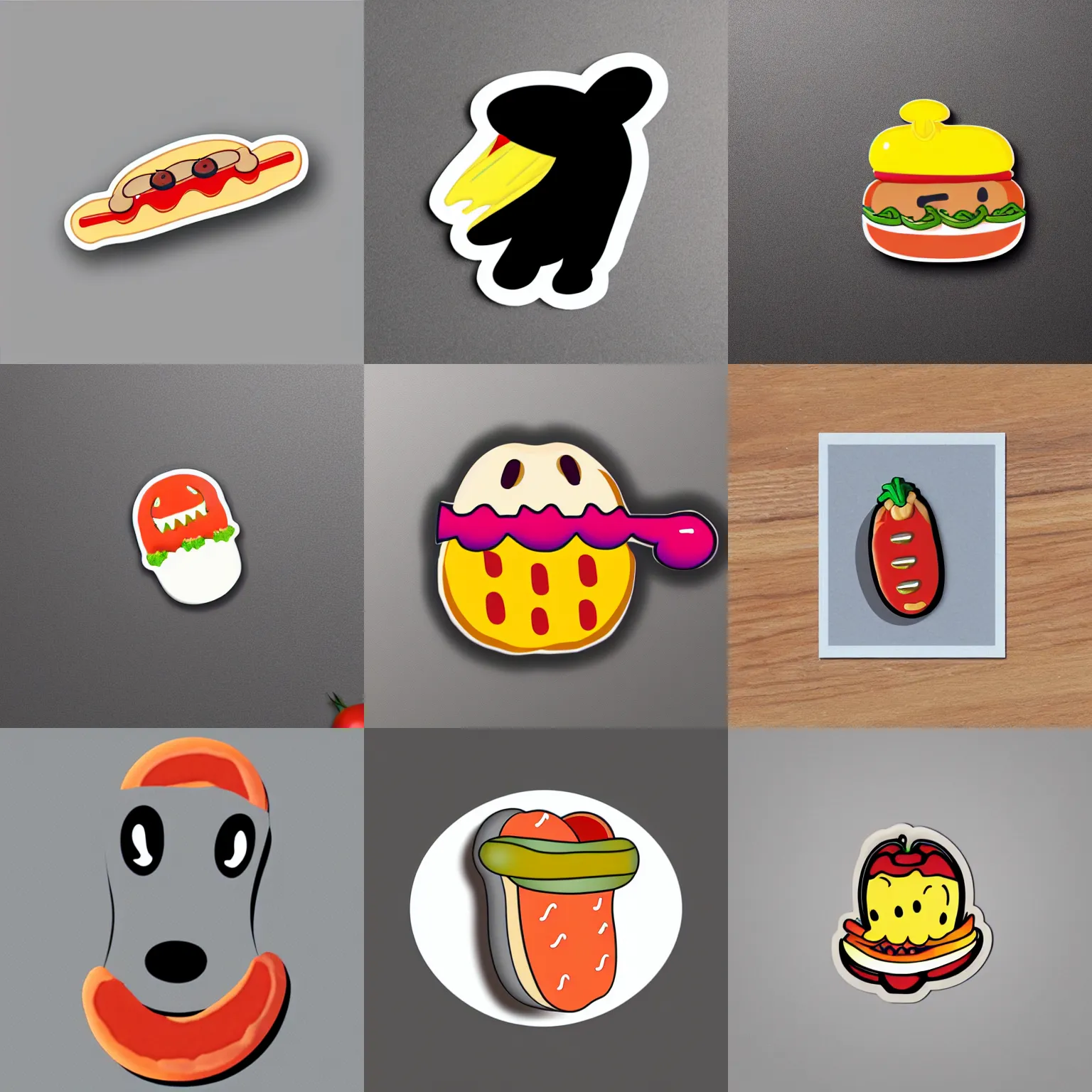 Prompt: cartoon die cut sticker of hotdog with white border on gray background