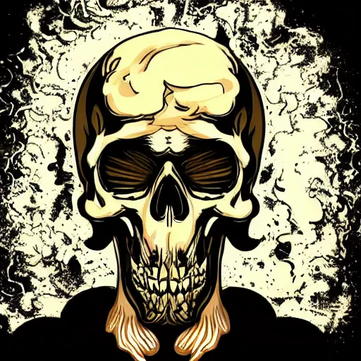 Image similar to a person with a mushroom cloud instead of a head, skull explosion, dark, fine detail heavy metal gritty style