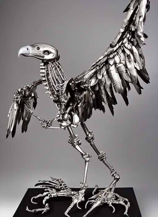 Image similar to a vulture skeleton sculpture made with polished stainless steel, shining and glossy by bernini