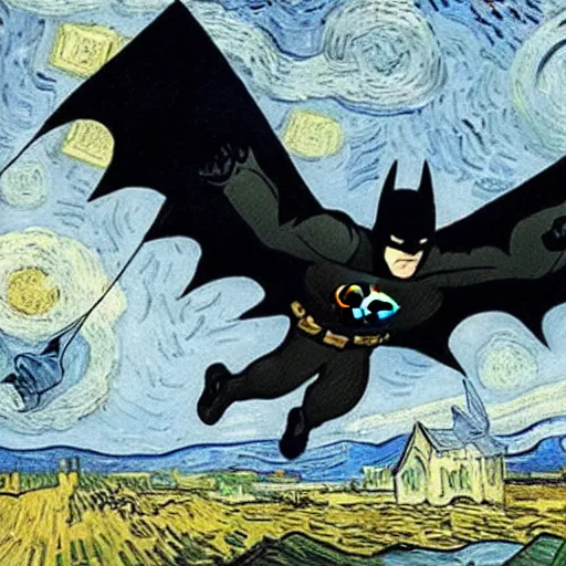 Prompt: batman flying a kite, van gogh painting,