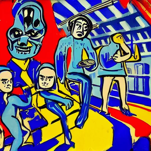 Image similar to post modern art depicting the tales of blue demon in the subway