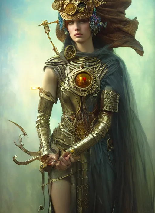 Image similar to hyper realistic knight casting a spell, refined details, denoised, birds eye view, magical, gems, jewels, gold, steampunk, cyberpunk utopia, painted by tom bagshaw, mucha, gaston bussiere, craig mullins, j. c. leyendecker 8 k