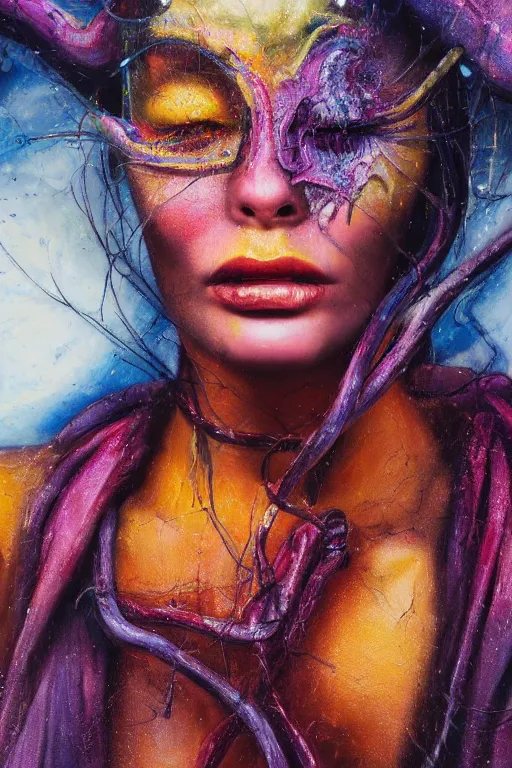 Image similar to hyperrealism oil painting, close - up portrait of face from a tangle of snakes fashion model, knight, street art gradient mixed with nebula sky, in style of baroque