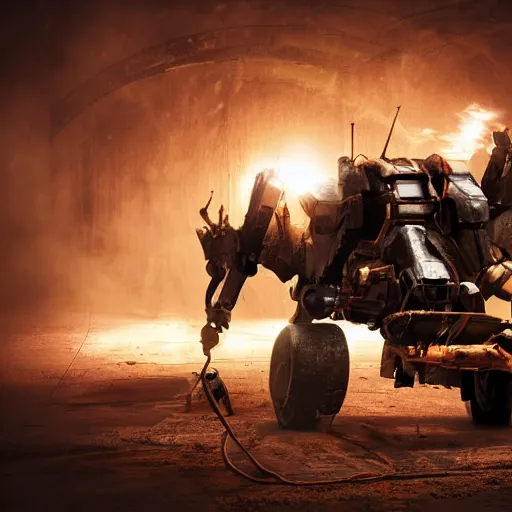 Image similar to wheelbarrow mecha, dark messy smoke - filled cluttered workshop, dark, dramatic lighting, orange tint, sparks, cinematic, highly detailed, sci - fi, futuristic, movie still