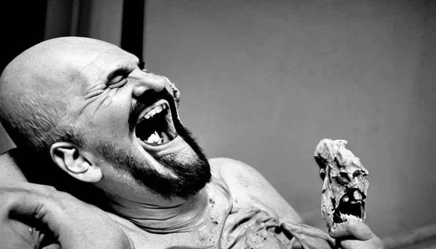 Prompt: 1 9 6 0 s movie still close - up of chrysippus of solis hysterically laughing on the floor mouth with blood in a neoclassical marble room, cinestill 8 0 0 t 3 5 mm b & w, high quality, heavy grain, high detail, texture, dramatic light, anamorphic, hyperrealistic, detailed beard, by josef sudek