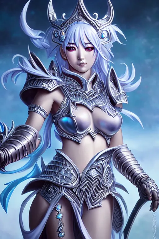 Image similar to sakimi chan, silver fantasy armor, detailed face, tony sart