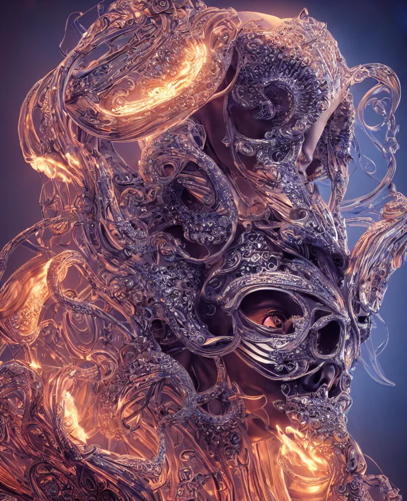 Image similar to close-up macro portrait of the face of a beautiful princess with animal skull mask, epic angle and pose, symmetrical artwork, 3d with depth of field, blurred background, cybernetic jellyfish female face skull phoenix bird, translucent, nautilus, energy flows of water and fire. a highly detailed epic cinematic concept art CG render. made in Maya, Blender and Photoshop, octane render, excellent composition, cinematic dystopian brutalist atmosphere, dynamic dramatic cinematic lighting, aesthetic, very inspirational, arthouse. y Greg Rutkowski, Ilya Kuvshinov, WLOP, Stanley Artgerm Lau, Ruan Jia and Fenghua Zhong