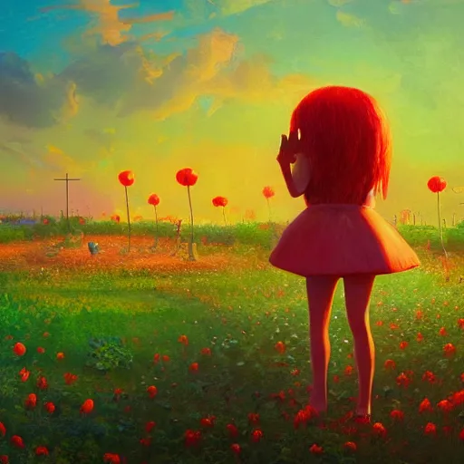 Image similar to giant tomato plant in front of head, full body girl dancing in a tomato garden, surreal photography, sunrise, dramatic light, impressionist painting, colorful clouds, digital painting, artstation, simon stalenhag