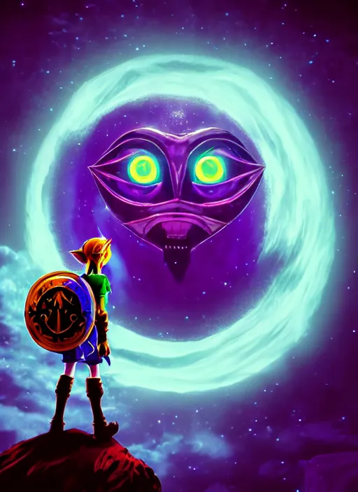 Image similar to majora\'s mask evil moon looking at link maniacally, night sky, starry night, legend of zelda, dramatic lighting, cinematic, film, dynamic pose,  movie scene, colorful, dark, concept, 8K, actor as role, octane render, visionary, artstation,neon lighting, intense shadows, legend of zelda link staring at the moon, insanely detailed octane render, 8k film photography, photorealistic,