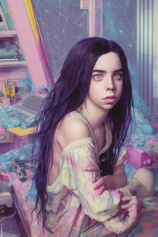 Image similar to billie eilish portrait of a vaporwave girl in a cluttered 9 0 s bedroom, by artgerm, tom bagshaw, gerald brom, vaporwave!, vaporwave colors!, symetrical, 4 k, lo fi colors, lo fi, 4 k, hd,