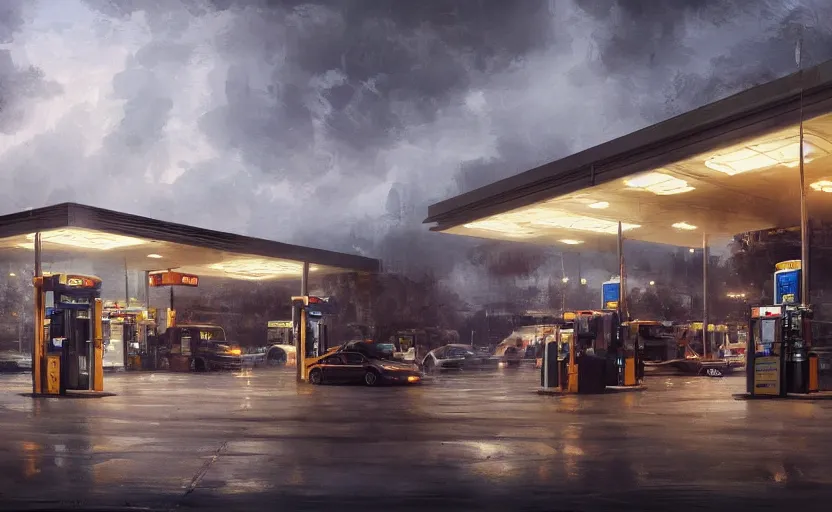 Prompt: Gas station, intricate, elegant, volumetric lighting, digital painting, highly detailed, artstation, sharp focus, illustration, concept art, ruan jia, steve mccurry